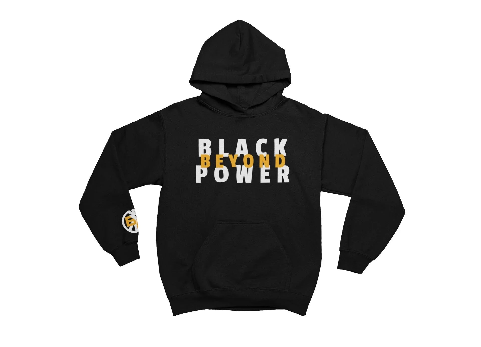 Black hoodie with 'Black Beyond Power' text on a white background